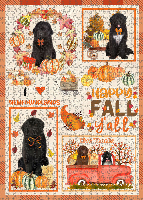 Happy Fall Y'all Pumpkin Newfoundland Dogs Portrait Jigsaw Puzzle for Adults Animal Interlocking Puzzle Game Unique Gift for Dog Lover's with Metal Tin Box