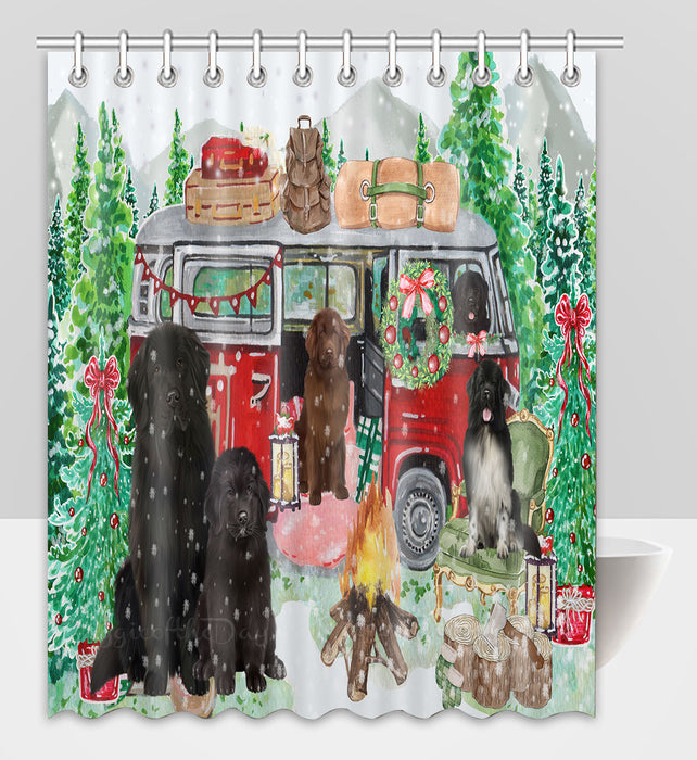 Christmas Time Camping with Newfoundland Dogs Shower Curtain Pet Painting Bathtub Curtain Waterproof Polyester One-Side Printing Decor Bath Tub Curtain for Bathroom with Hooks