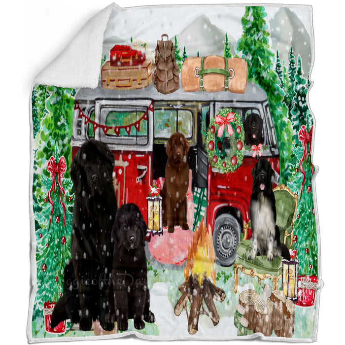 Christmas Time Camping with Newfoundland Dogs Blanket - Lightweight Soft Cozy and Durable Bed Blanket - Animal Theme Fuzzy Blanket for Sofa Couch