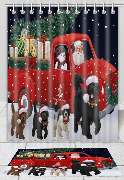 Christmas Express Delivery Red Truck Running Newfoundland Dogs Bath Mat and Shower Curtain Combo