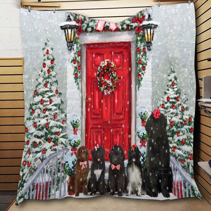 Christmas Holiday Welcome Newfoundland Dogs  Quilt Bed Coverlet Bedspread - Pets Comforter Unique One-side Animal Printing - Soft Lightweight Durable Washable Polyester Quilt