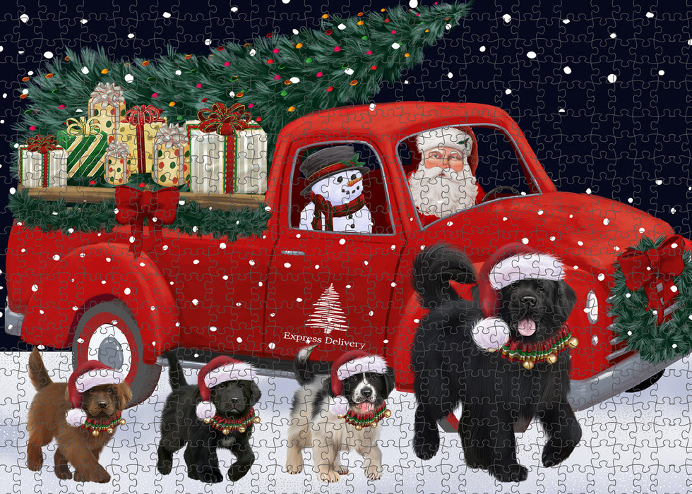 Christmas Santa Red Truck Running Newfoundland Dog Family Puzzle with Photo Tin