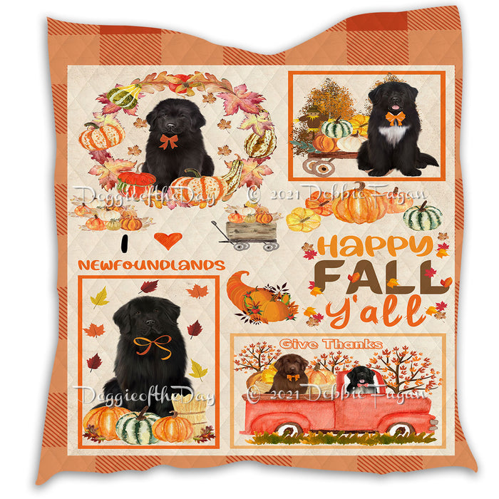 Happy Fall Y'all Pumpkin Newfoundland Dogs Quilt Bed Coverlet Bedspread - Pets Comforter Unique One-side Animal Printing - Soft Lightweight Durable Washable Polyester Quilt
