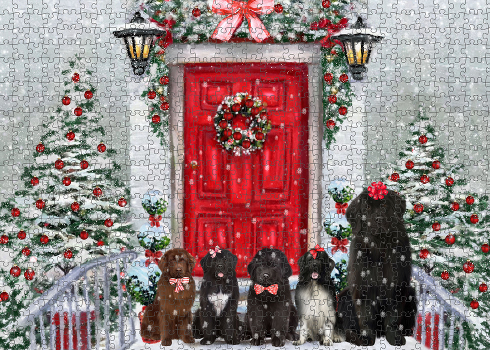 Christmas Holiday Welcome Newfoundland Dogs Portrait Jigsaw Puzzle for Adults Animal Interlocking Puzzle Game Unique Gift for Dog Lover's with Metal Tin Box