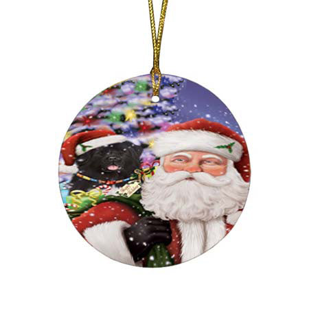 Santa Carrying Newfoundland Dog and Christmas Presents Round Flat Christmas Ornament RFPOR55866