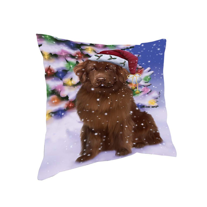 Winterland Wonderland Newfoundland Dog In Christmas Holiday Scenic Background Pillow PIL71756