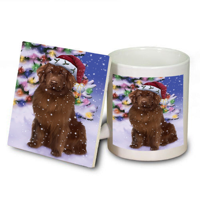 Winterland Wonderland Newfoundland Dog In Christmas Holiday Scenic Background Mug and Coaster Set MUC55699