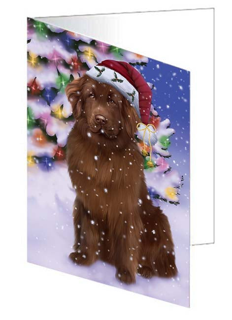 Winterland Wonderland Newfoundland Dog In Christmas Holiday Scenic Background Handmade Artwork Assorted Pets Greeting Cards and Note Cards with Envelopes for All Occasions and Holiday Seasons GCD71636