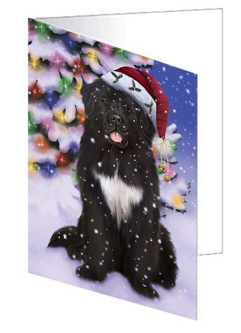 Winterland Wonderland Newfoundland Dog In Christmas Holiday Scenic Background Handmade Artwork Assorted Pets Greeting Cards and Note Cards with Envelopes for All Occasions and Holiday Seasons GCD71639