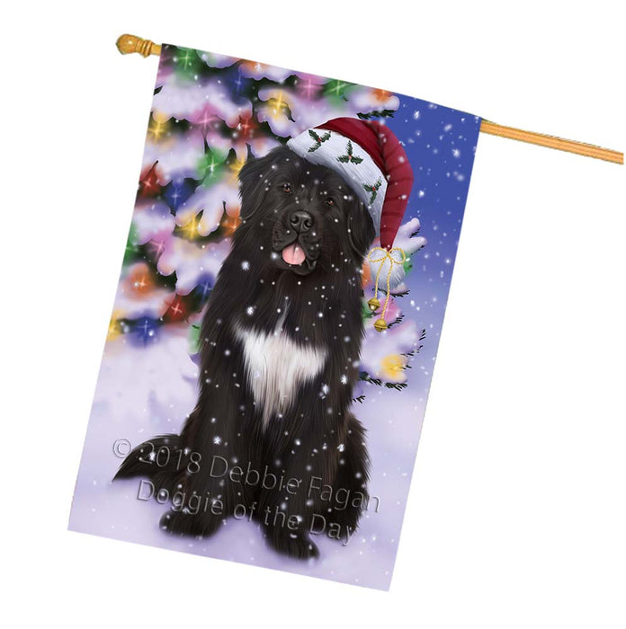 Winterland Wonderland Newfoundland Dog In Christmas Holiday Scenic Background House Flag FLG56137