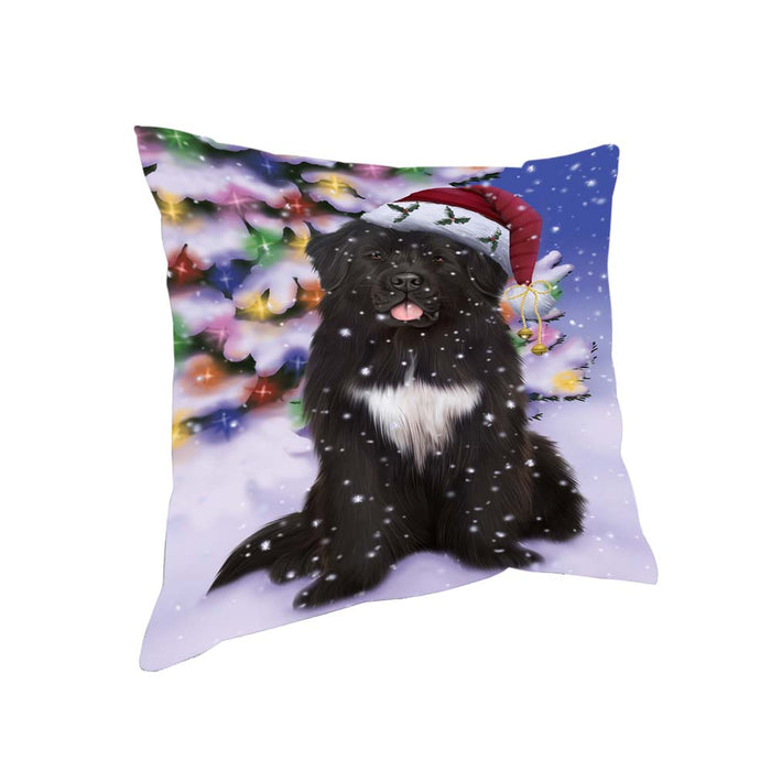 Winterland Wonderland Newfoundland Dog In Christmas Holiday Scenic Background Pillow PIL71760