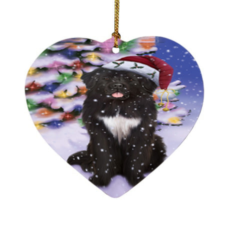 Winterland Wonderland Newfoundland Dog In Christmas Holiday Scenic Background Heart Christmas Ornament HPOR56064