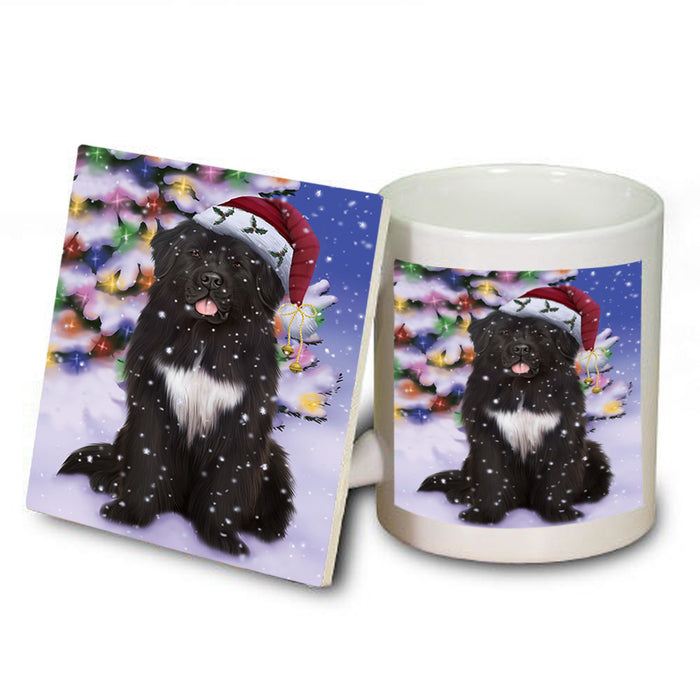 Winterland Wonderland Newfoundland Dog In Christmas Holiday Scenic Background Mug and Coaster Set MUC55700