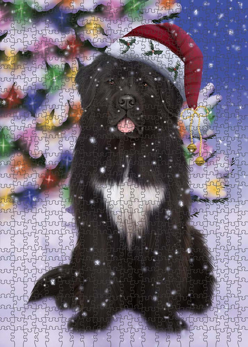 Winterland Wonderland Newfoundland Dog In Christmas Holiday Scenic Background Puzzle with Photo Tin PUZL91036
