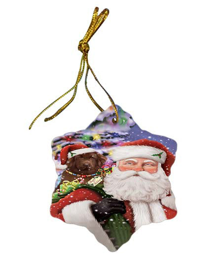 Santa Carrying Newfoundland Dog and Christmas Presents Star Porcelain Ornament SPOR55868