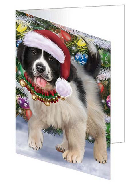 Trotting in the Snow Newfoundland Dog Handmade Artwork Assorted Pets Greeting Cards and Note Cards with Envelopes for All Occasions and Holiday Seasons GCD70865