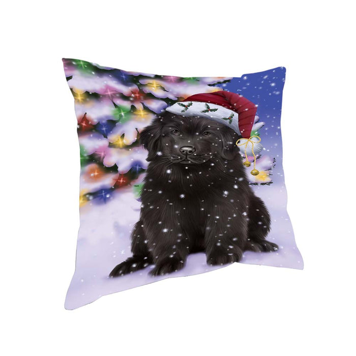 Winterland Wonderland Newfoundland Dog In Christmas Holiday Scenic Background Pillow PIL71764