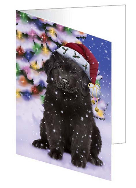 Winterland Wonderland Newfoundland Dog In Christmas Holiday Scenic Background Handmade Artwork Assorted Pets Greeting Cards and Note Cards with Envelopes for All Occasions and Holiday Seasons GCD71642
