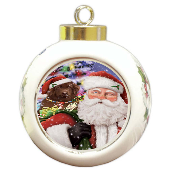 Santa Carrying Newfoundland Dog and Christmas Presents Round Ball Christmas Ornament RBPOR55868