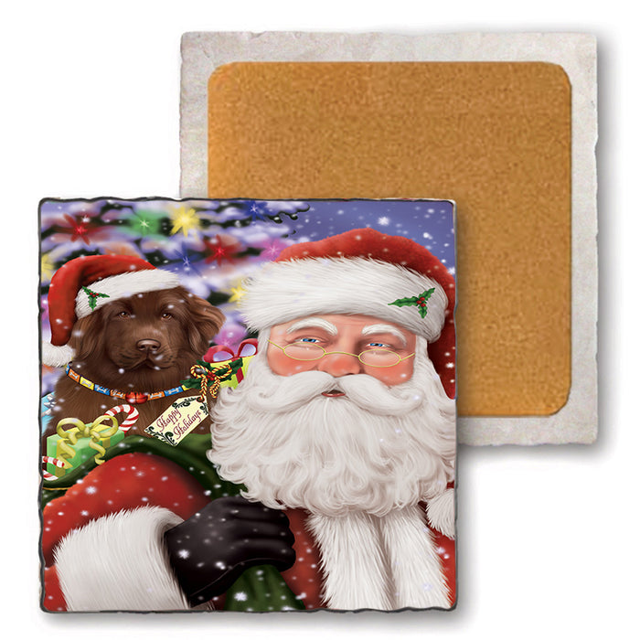 Santa Carrying Newfoundland Dog and Christmas Presents Set of 4 Natural Stone Marble Tile Coasters MCST50512