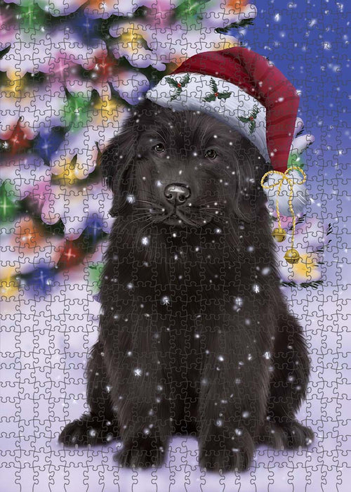 Winterland Wonderland Newfoundland Dog In Christmas Holiday Scenic Background Puzzle with Photo Tin PUZL91040