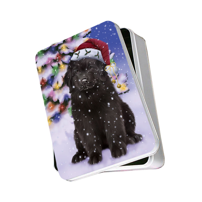 Winterland Wonderland Newfoundland Dog In Christmas Holiday Scenic Background Photo Storage Tin PITN55652