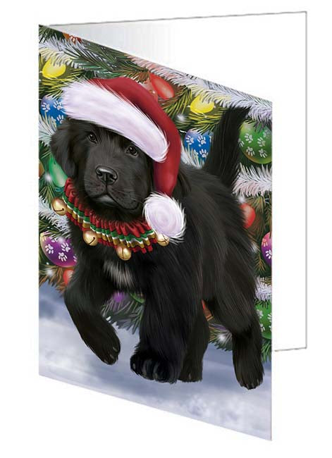 Trotting in the Snow Newfoundland Dog Handmade Artwork Assorted Pets Greeting Cards and Note Cards with Envelopes for All Occasions and Holiday Seasons GCD70868