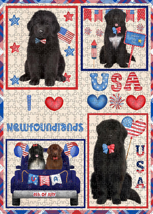 4th of July Independence Day I Love USA Newfoundlands Dogs Portrait Jigsaw Puzzle for Adults Animal Interlocking Puzzle Game Unique Gift for Dog Lover's with Metal Tin Box