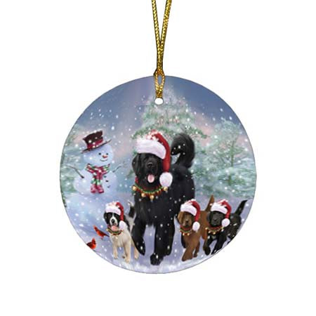 Christmas Running Family Newfoundlands Dog Round Flat Christmas Ornament RFPOR55827
