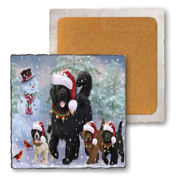 Christmas Running Family Newfoundlands Dog Set of 4 Natural Stone Marble Tile Coasters MCST50471