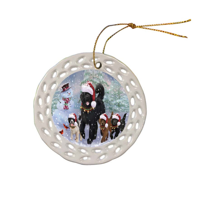 Christmas Running Family Newfoundlands Dog Ceramic Doily Ornament DPOR55827