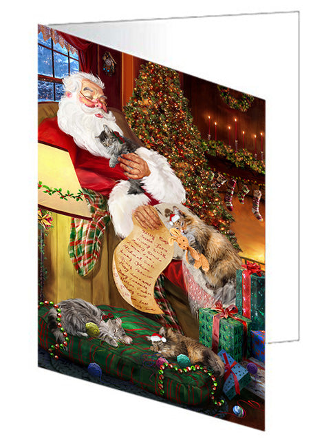Santa Sleeping with Norwegian Forest Cats Christmas Handmade Artwork Assorted Pets Greeting Cards and Note Cards with Envelopes for All Occasions and Holiday Seasons GCD62483