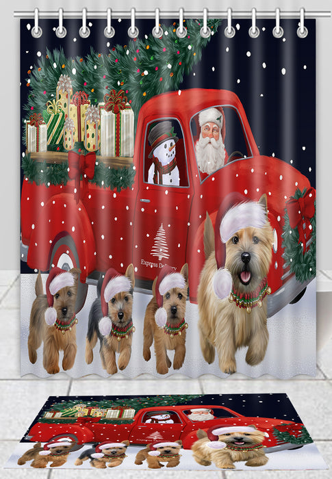 Christmas Express Delivery Red Truck Running Norwich Terrier Dogs Bath Mat and Shower Curtain Combo