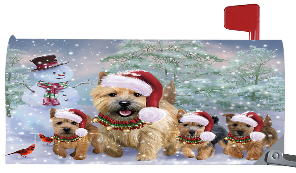 Christmas Running Family Norwich Terrier Dogs Magnetic Mailbox Cover Both Sides Pet Theme Printed Decorative Letter Box Wrap Case Postbox Thick Magnetic Vinyl Material