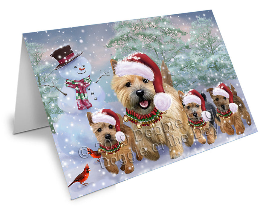 Christmas Running Family Norwich Terrier Dogs Handmade Artwork Assorted Pets Greeting Cards and Note Cards with Envelopes for All Occasions and Holiday Seasons