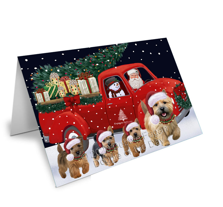 Christmas Express Delivery Red Truck Running Norwich Terrier Dogs Handmade Artwork Assorted Pets Greeting Cards and Note Cards with Envelopes for All Occasions and Holiday Seasons GCD75173