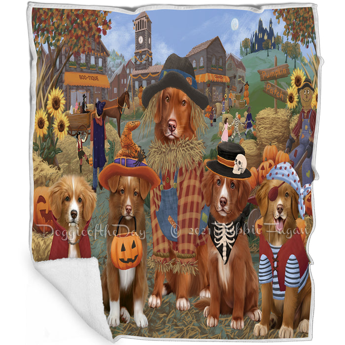 Halloween 'Round Town And Fall Pumpkin Scarecrow Both Nova Scotia Duck Toller Retriever Dogs Blanket BLNKT139070