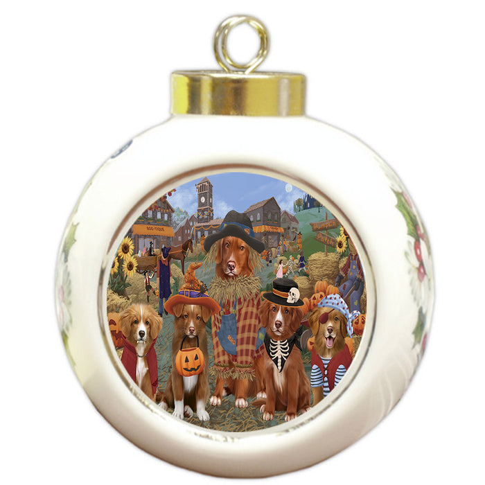 Halloween 'Round Town And Fall Pumpkin Scarecrow Both Nova Scotia Duck Toller Retriever Dogs Round Ball Christmas Ornament RBPOR57416