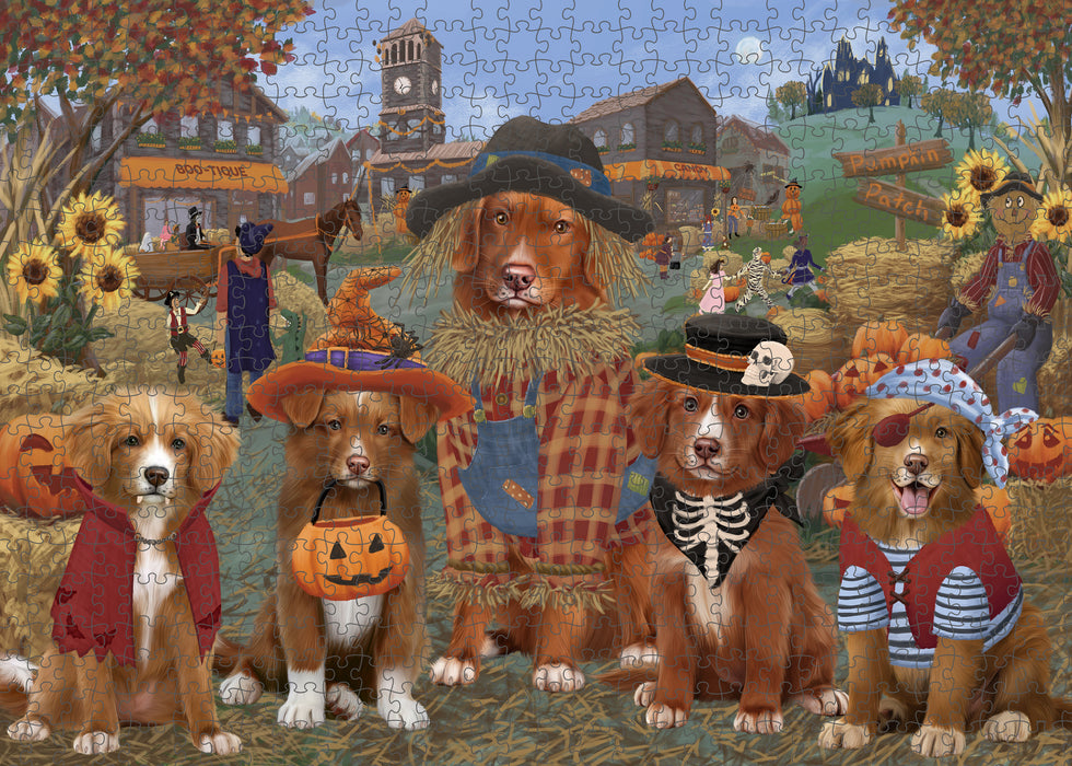 Halloween 'Round Town And Fall Pumpkin Scarecrow Both Nova Scotia Duck Toller Retriever Dogs Puzzle  PUZL96356
