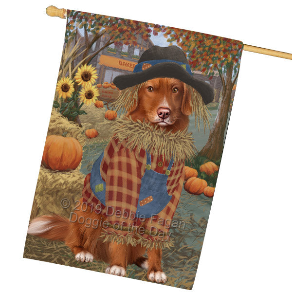 Halloween 'Round Town And Fall Pumpkin Scarecrow Both Nova Scotia Duck Toller Retriever Dogs House Flag FLG65729
