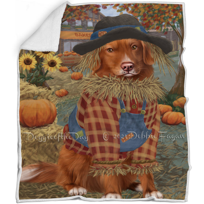 Halloween 'Round Town And Fall Pumpkin Scarecrow Both Nova Scotia Duck Toller Retriever Dogs Blanket BLNKT139619