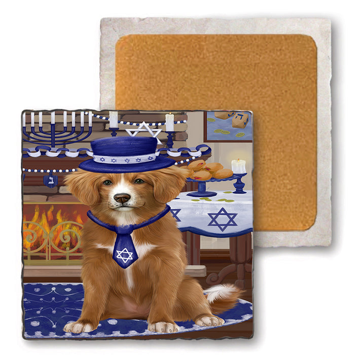 Happy Hanukkah  Nova Scotia Duck Toller Retriever Dogs Set of 4 Natural Stone Marble Tile Coasters MCST52485