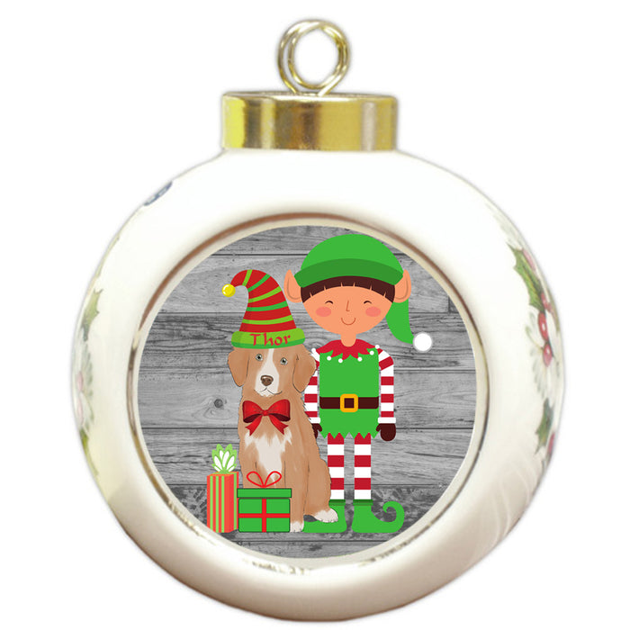 Custom Personalized Nova Scotia Duck Toller Retriever Dog Elfie and Presents Christmas Round Ball Ornament