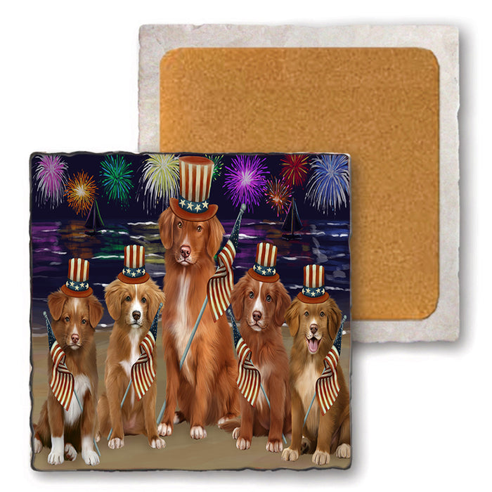 4th of July Independence Day Firework Nova Scotia Duck Toller Retrievers Dog Set of 4 Natural Stone Marble Tile Coasters MCST51839