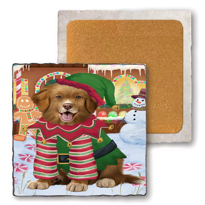 Christmas Gingerbread House Candyfest Nova Scotia Duck Toller Retriever Dog Set of 4 Natural Stone Marble Tile Coasters MCST51458