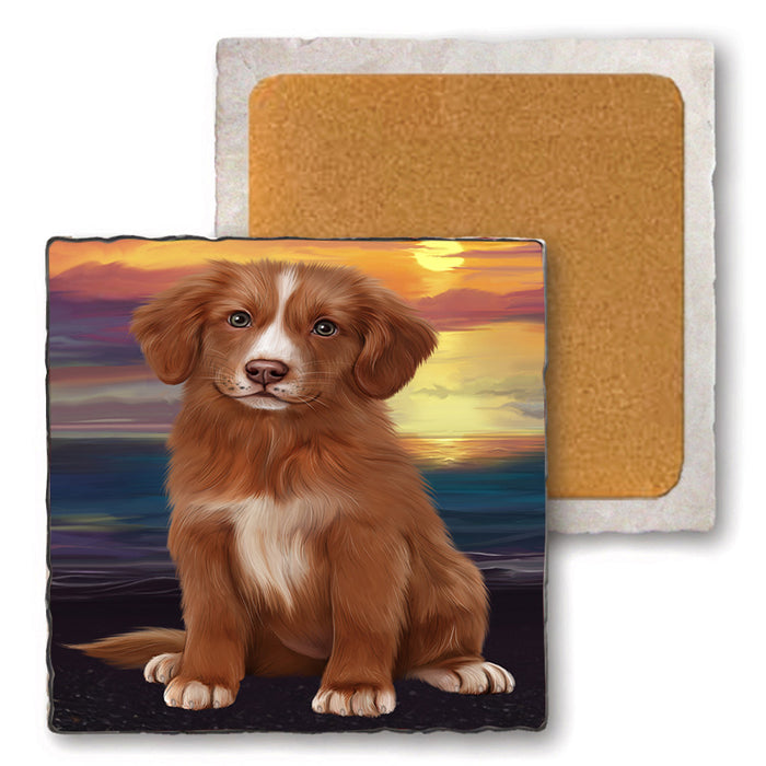 Sunset Nova Scotia Duck Toller Retriever Dog Set of 4 Natural Stone Marble Tile Coasters MCST52164