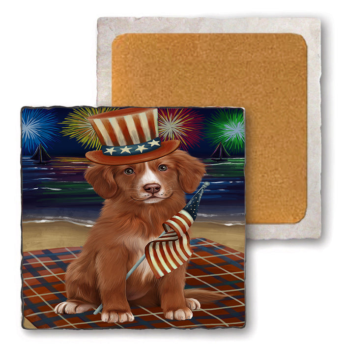 4th of July Independence Day Firework Nova Scotia Duck Toller Retriever Dog Set of 4 Natural Stone Marble Tile Coasters MCST51840