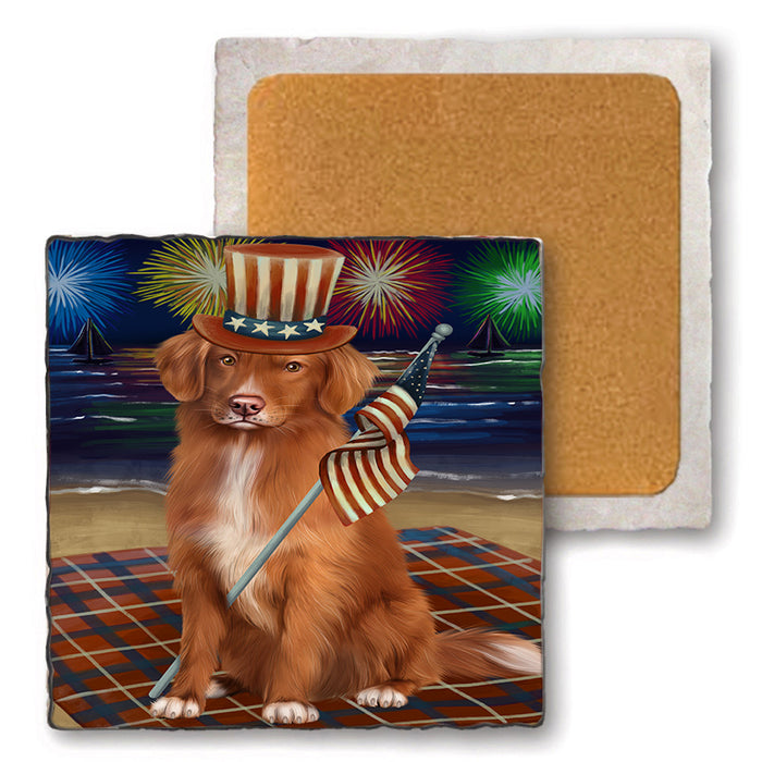 4th of July Independence Day Firework Nova Scotia Duck Toller Retriever Dog Set of 4 Natural Stone Marble Tile Coasters MCST51841