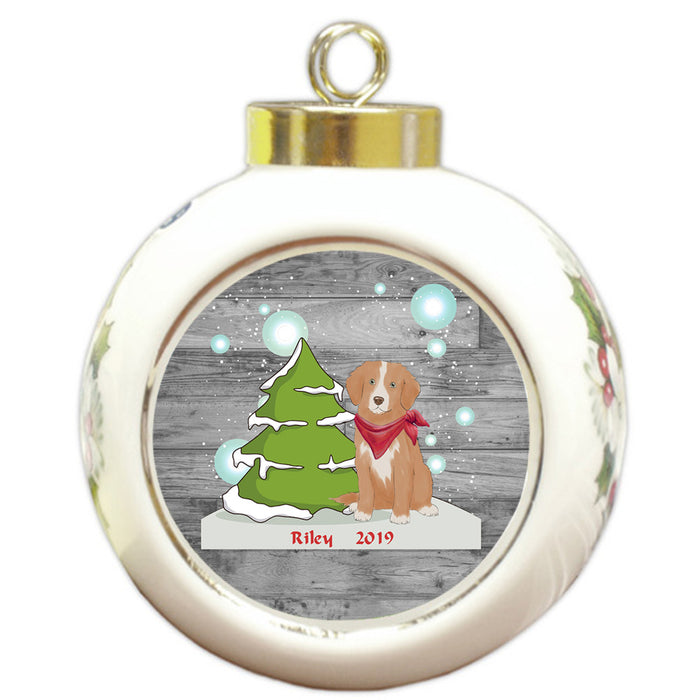 Custom Personalized Winter Scenic Tree and Presents Nova Scotia Duck Toller Retriever Dog Christmas Round Ball Ornament