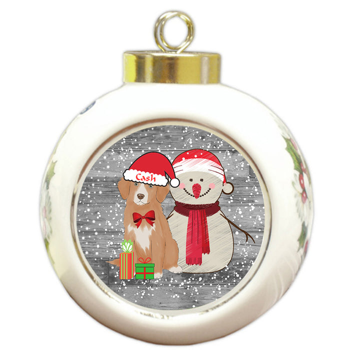 Custom Personalized Snowy Snowman and Nova Scotia Duck Toller Retriever Dog Christmas Round Ball Ornament
